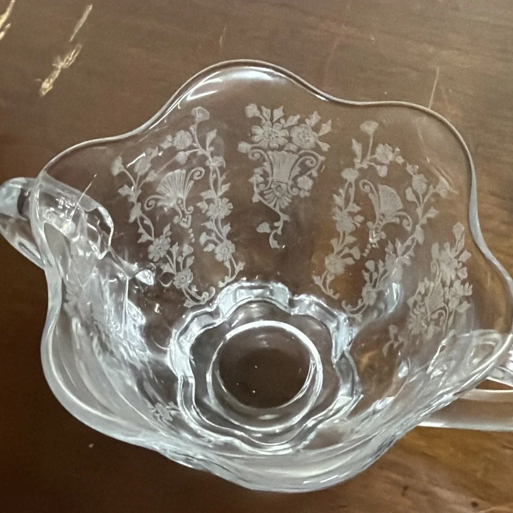 Duncan & Miller Canterbury‎ Line Etched Glass Cream and Sugar Bowl Floral Design